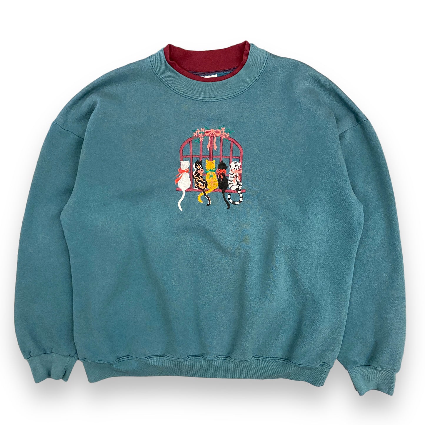 1990s Double Collar Embroidered Cats Sweatshirt - Size XL