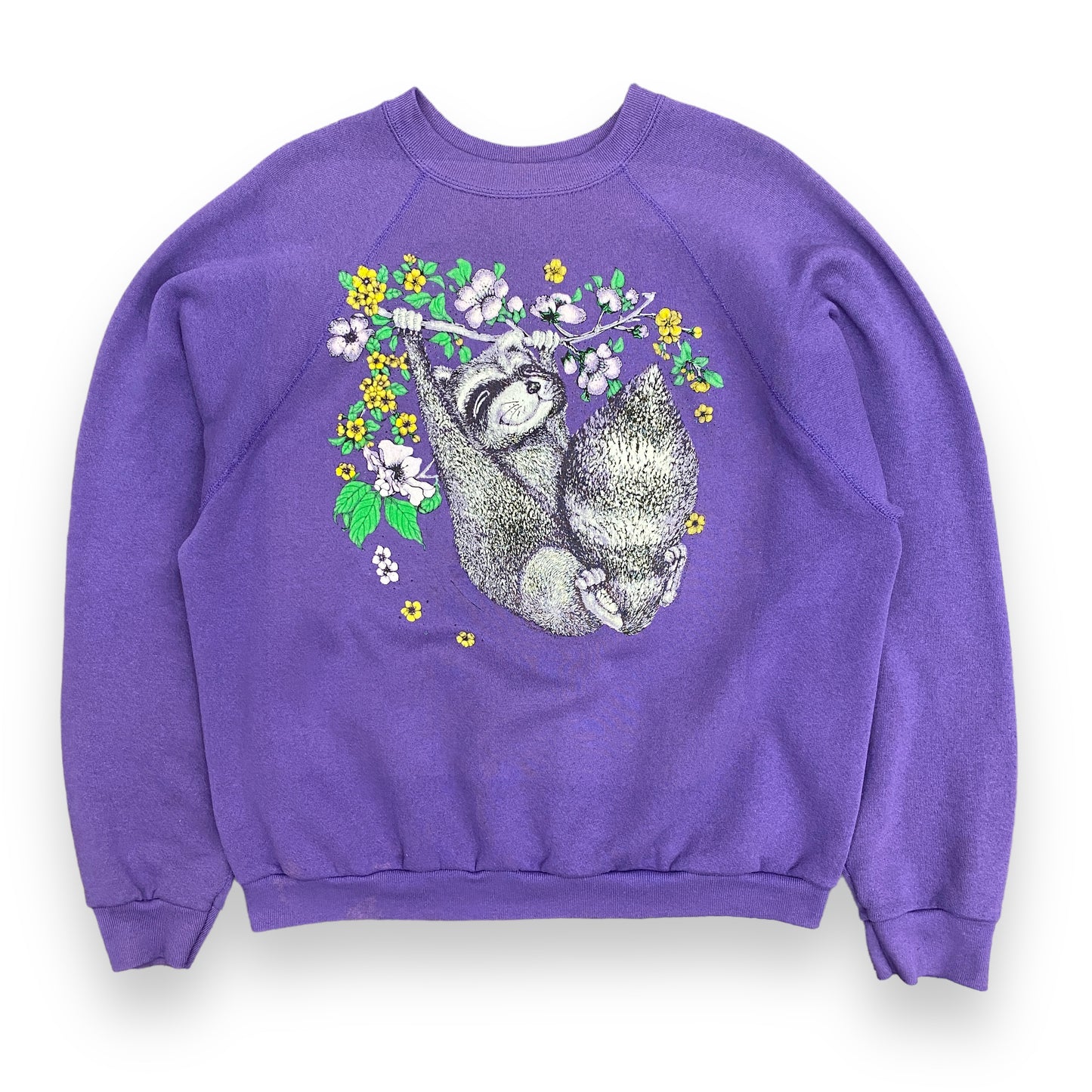 Vintage 90s Happy Racoon Purple Raglan Sweatshirt - Size Large