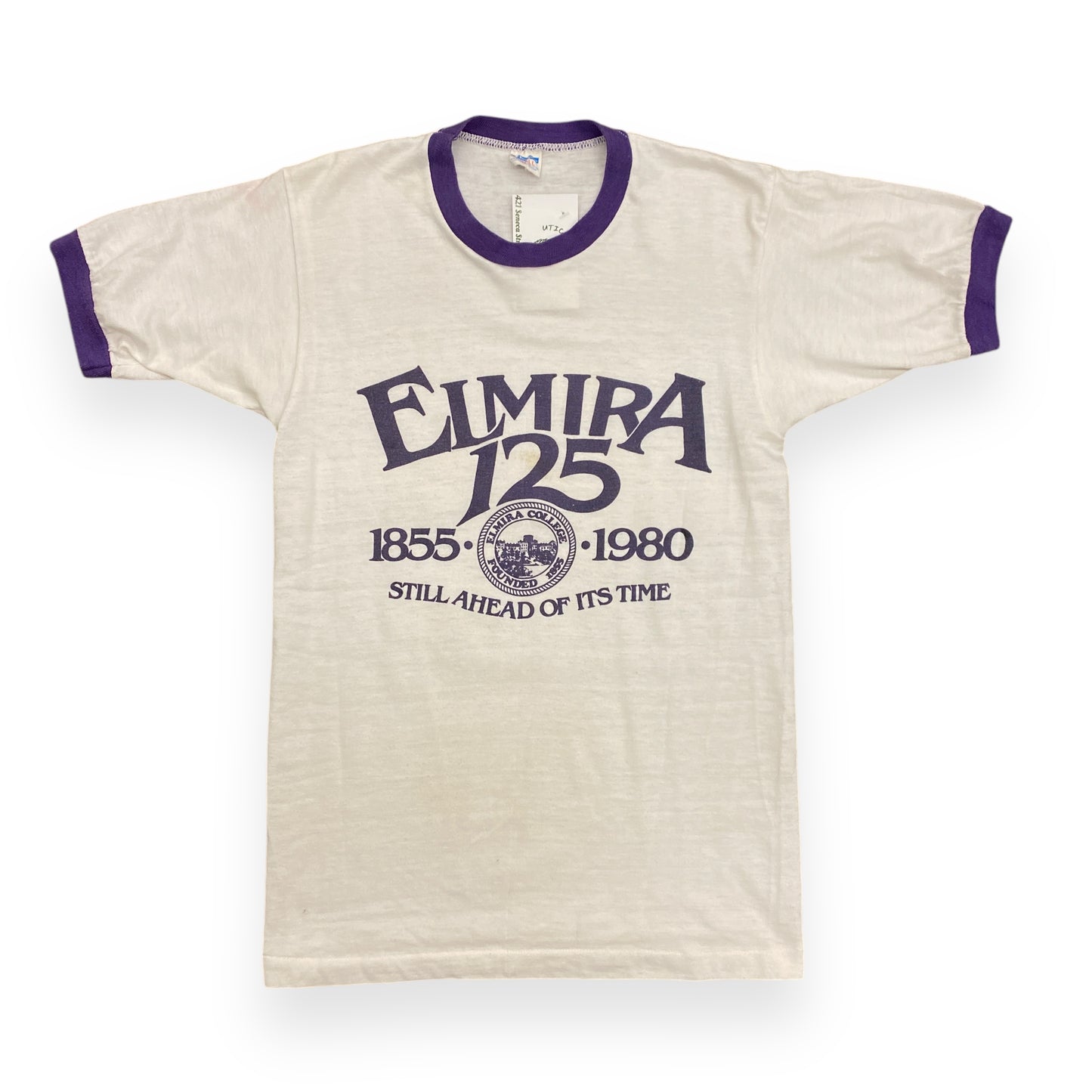 Vintage 1980s Champion Blue Bar "Elmira College" Ringer Tee - Size Small