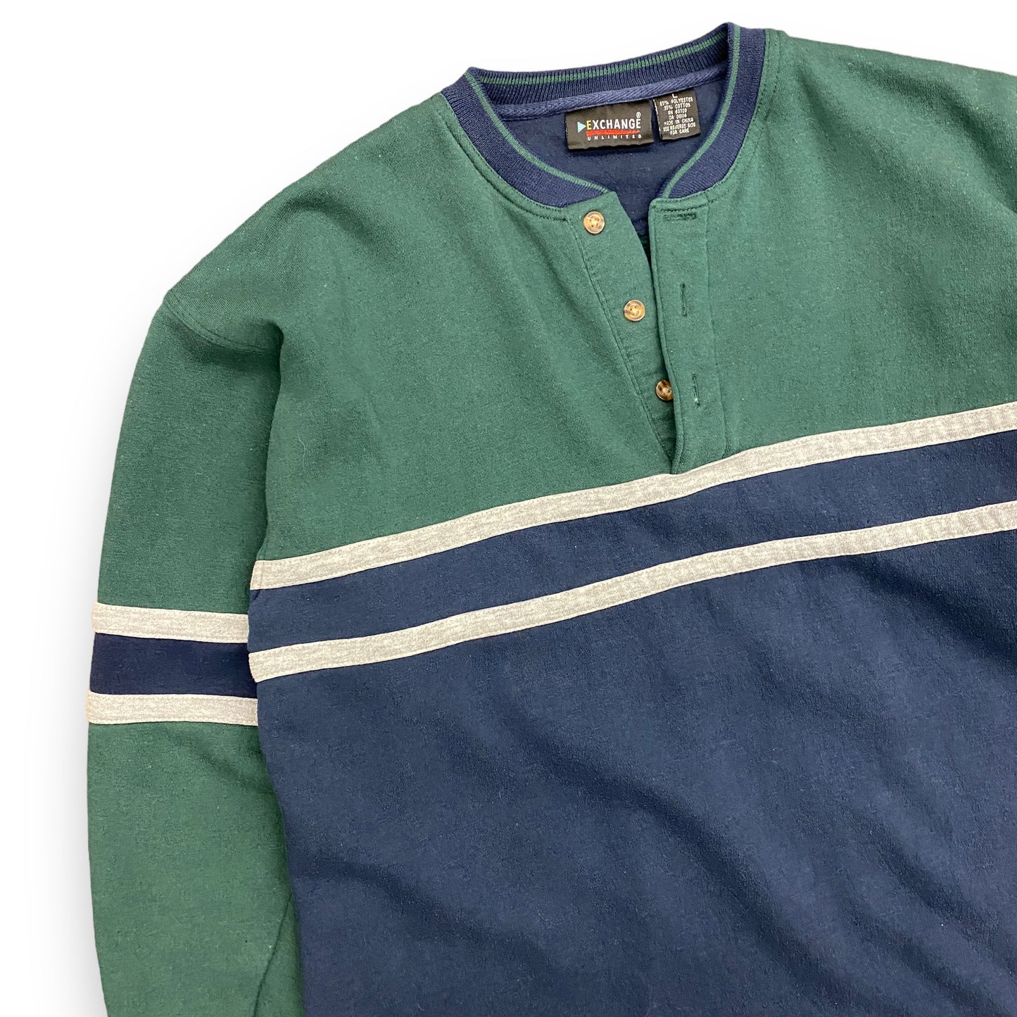1990s Green & Blue Henley Sweatshirt - Size Large
