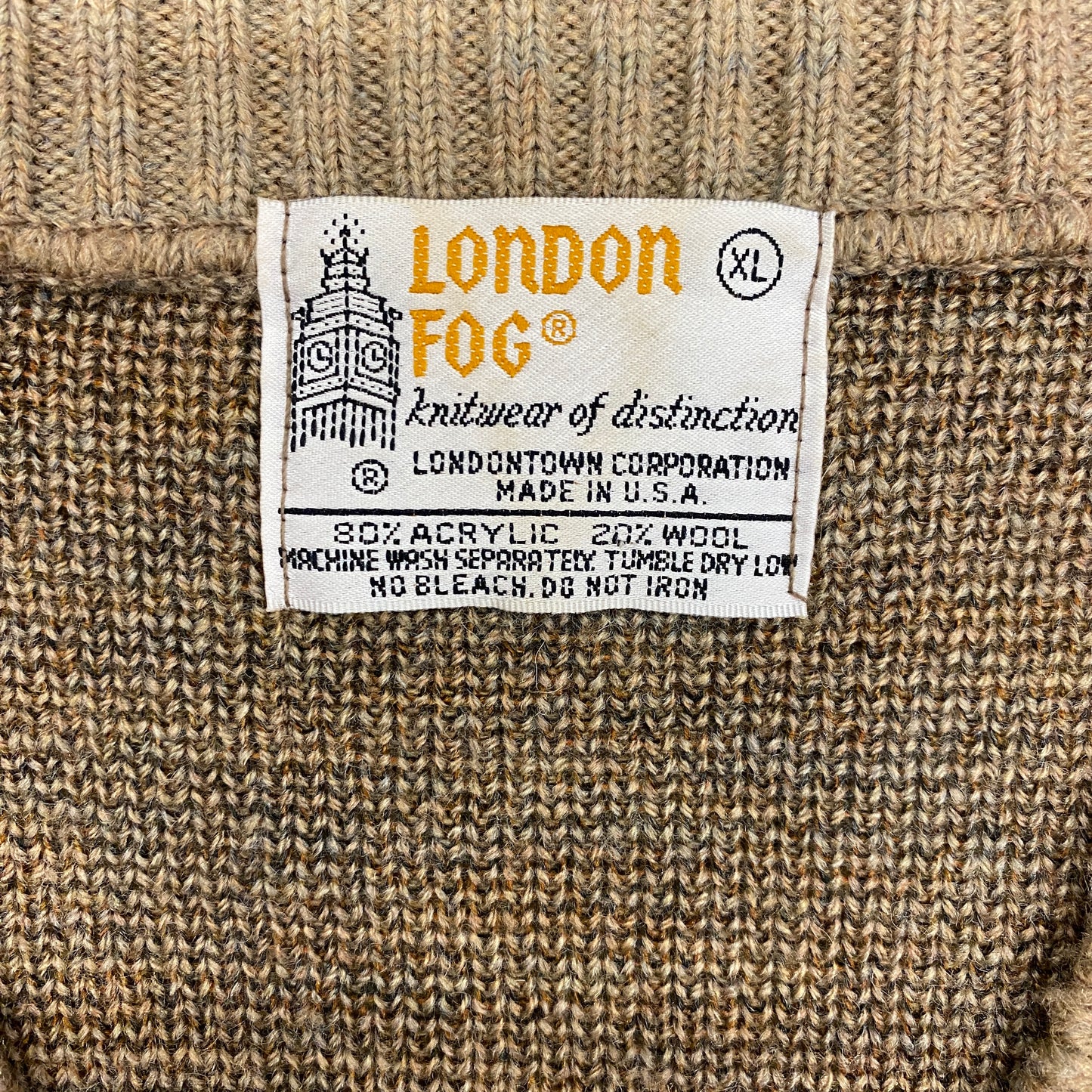 1980s London Fog Brown & Tan Wool Blend V-Neck Sweater - Size XL