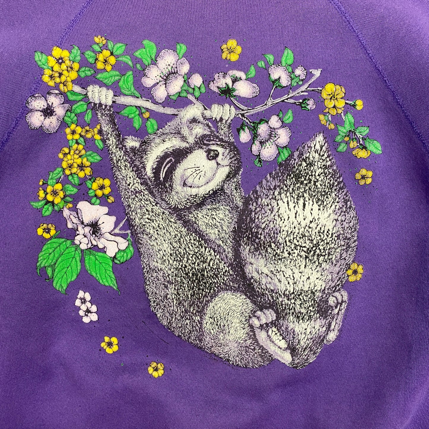 Vintage 90s Happy Racoon Purple Raglan Sweatshirt - Size Large