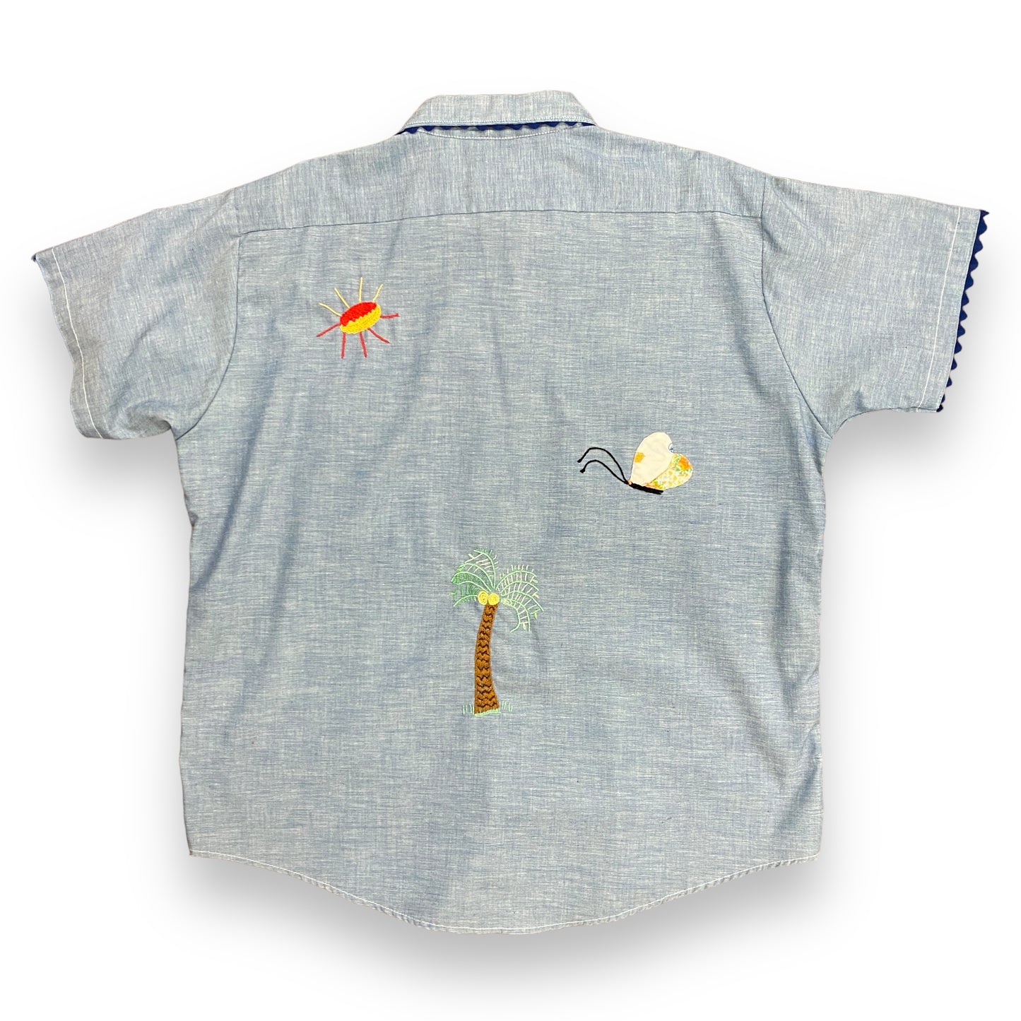 Vintage 60s/70s Custom Chain Stitched Chambray Button Up Shirt - Size XL