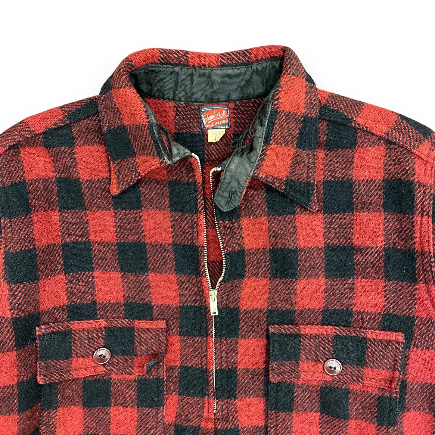 1950s Penn Rich Buffalo Plaid Chin Strap Wool Half-Zip - Size Large