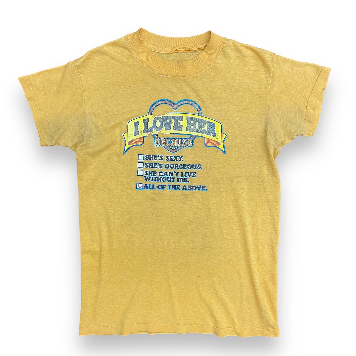 Vintage 1970s "I Love Her" Yellow Single Stitch Tee - Size Small