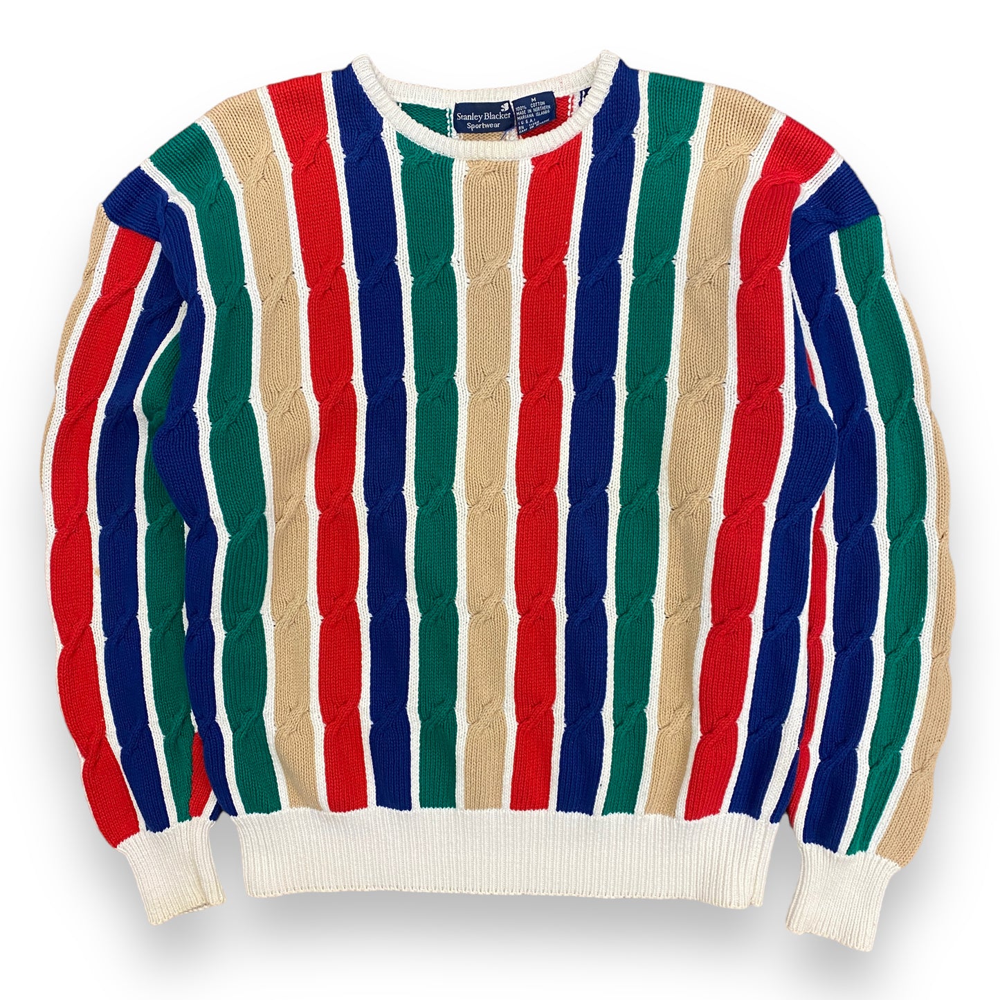 Vintage 1980s Stanley Blacker Striped Cable-Knit Sweater - Size Medium