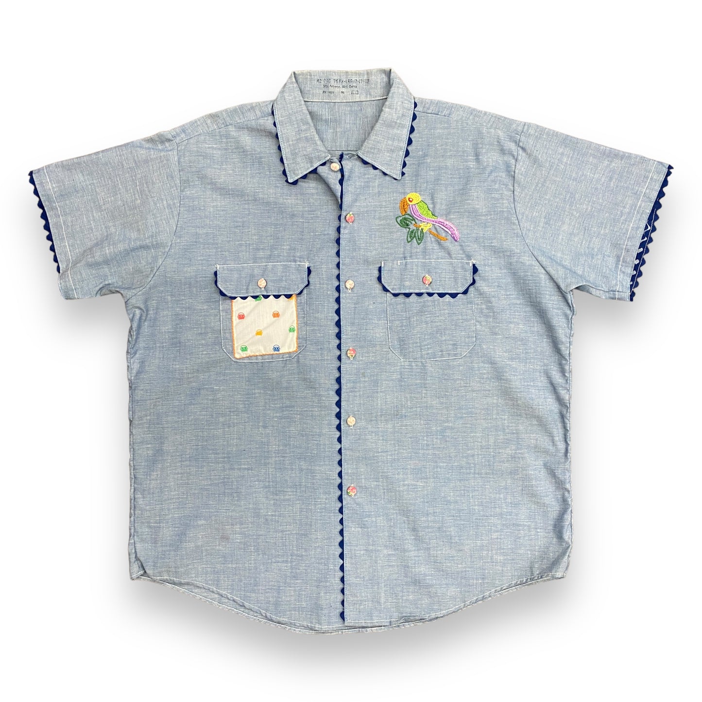 Vintage 60s/70s Custom Chain Stitched Chambray Button Up Shirt - Size XL