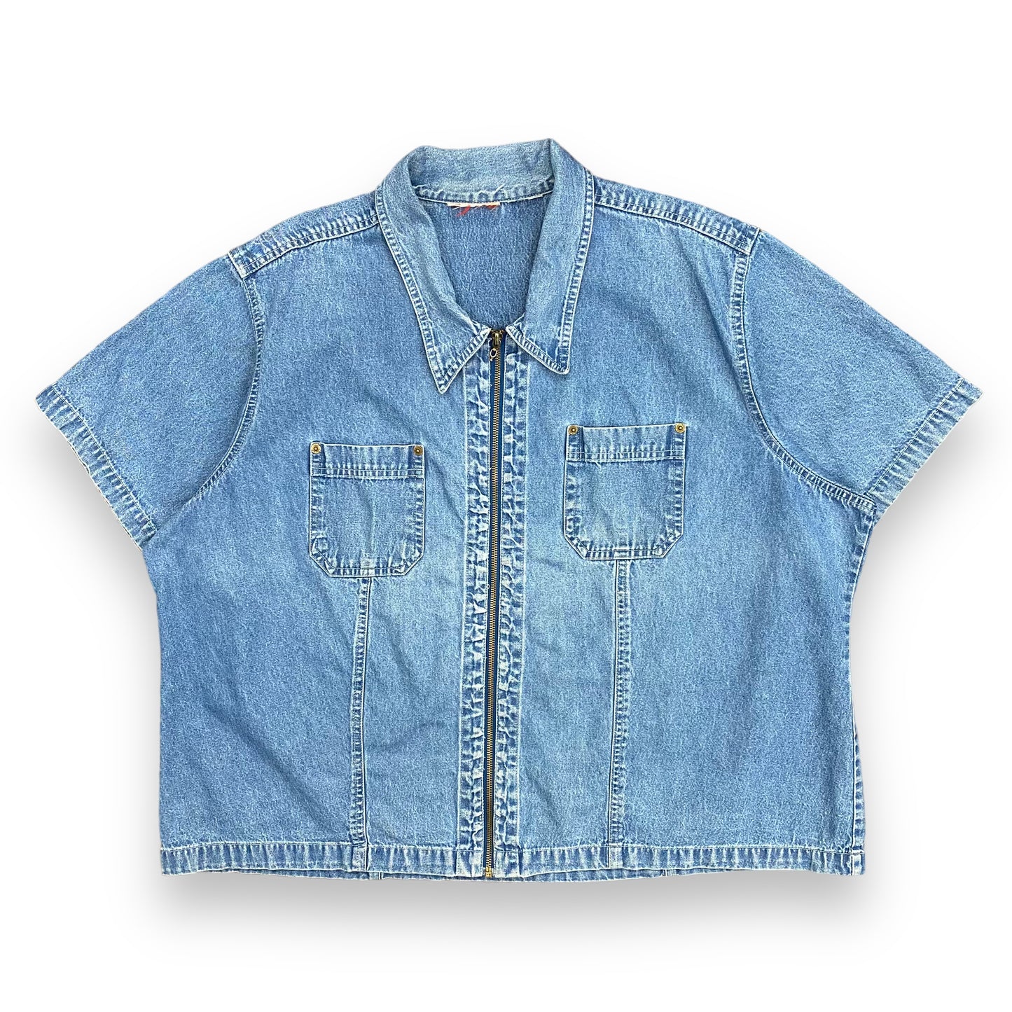 Vintage Oversized Denim Short Sleeve Zip Up Shirt - Size XL