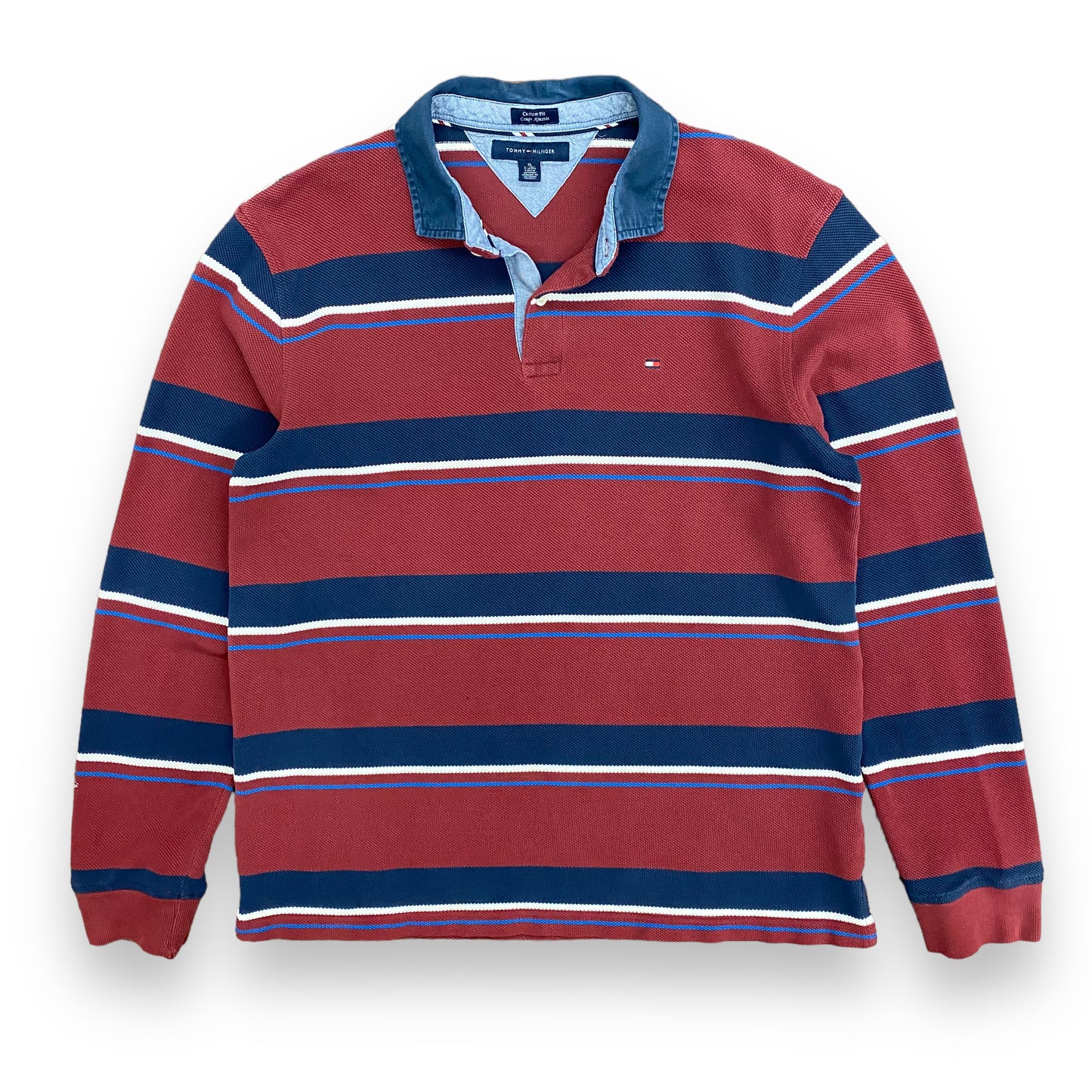 Y2K Tommy Hilfiger Striped Long Sleeve Polo - Size XL