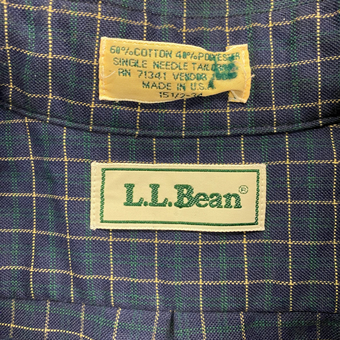1980s LL Bean Navy Windowpane Button Up Shirt - Size Medium