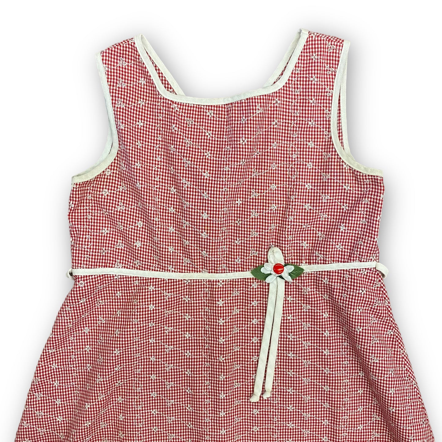 1990s Red Gingham Floral Cottage Dress - Size S/M