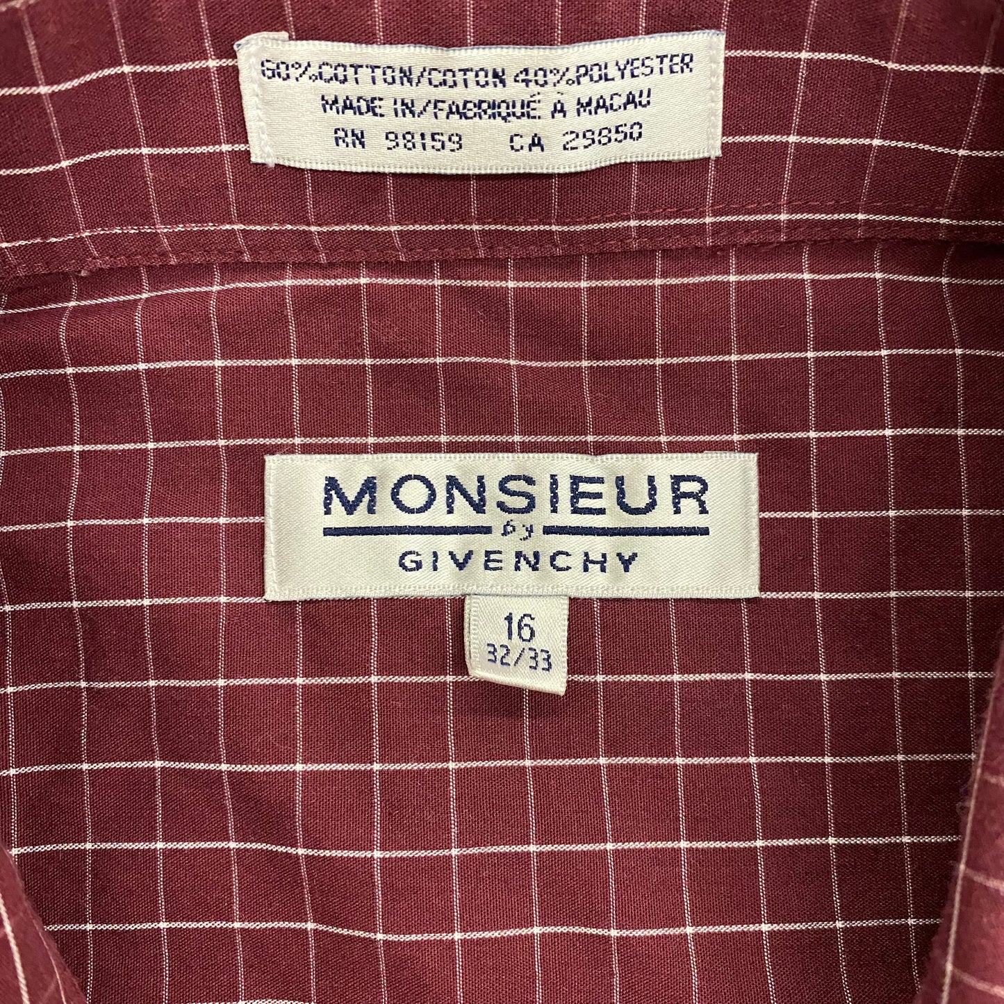 Vintage Monsieur by Givenchy Maroon Windowpane Button Up - Size Large (16)