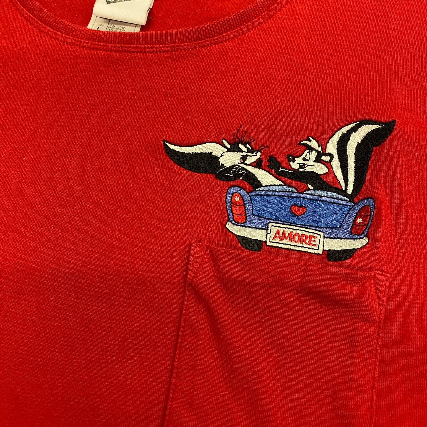 1999 Warner Brothers Pepe Le Pew Embroidered Pocket Tee - Size Large