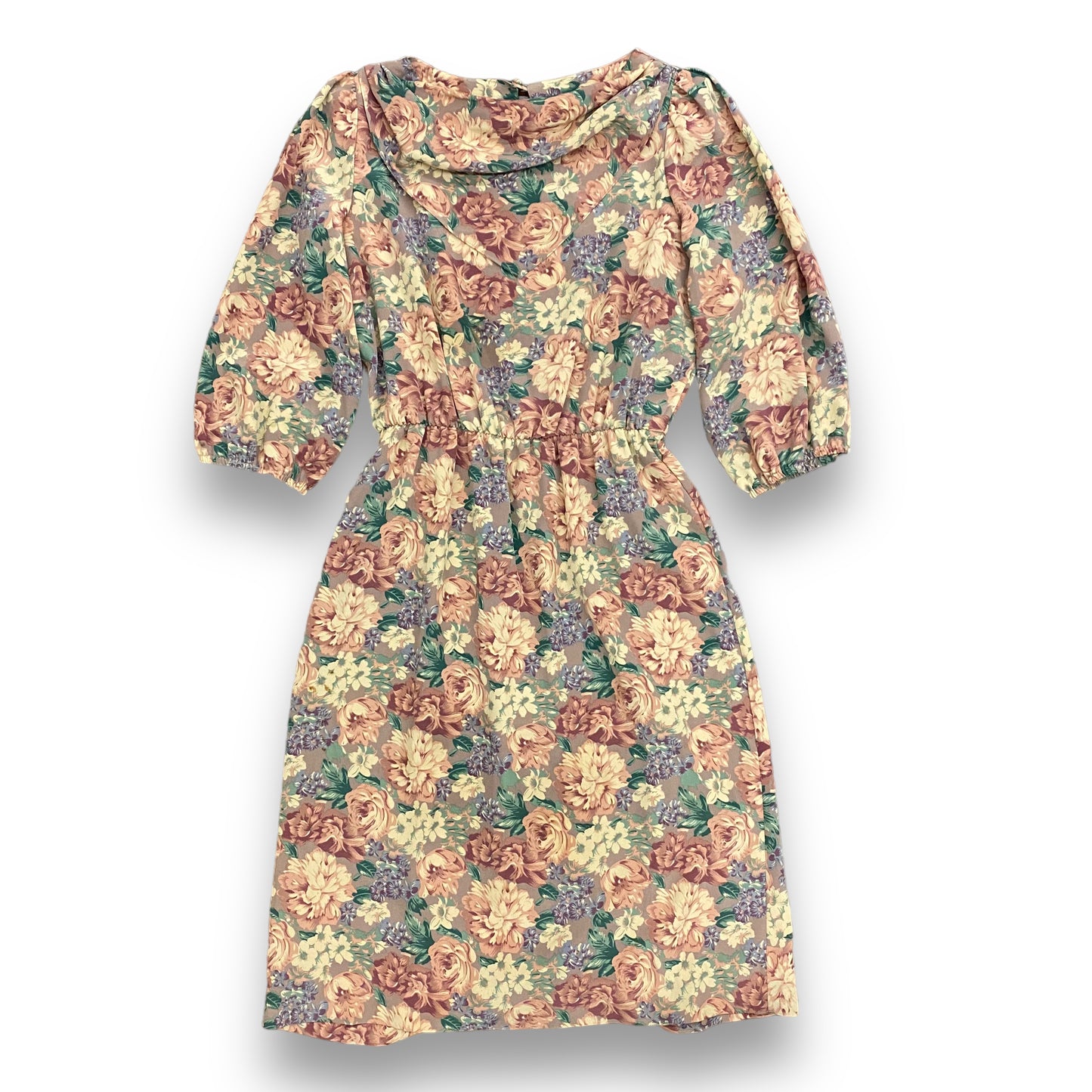 1980s Dusty Rose Floral Dress with Bandana Neckline