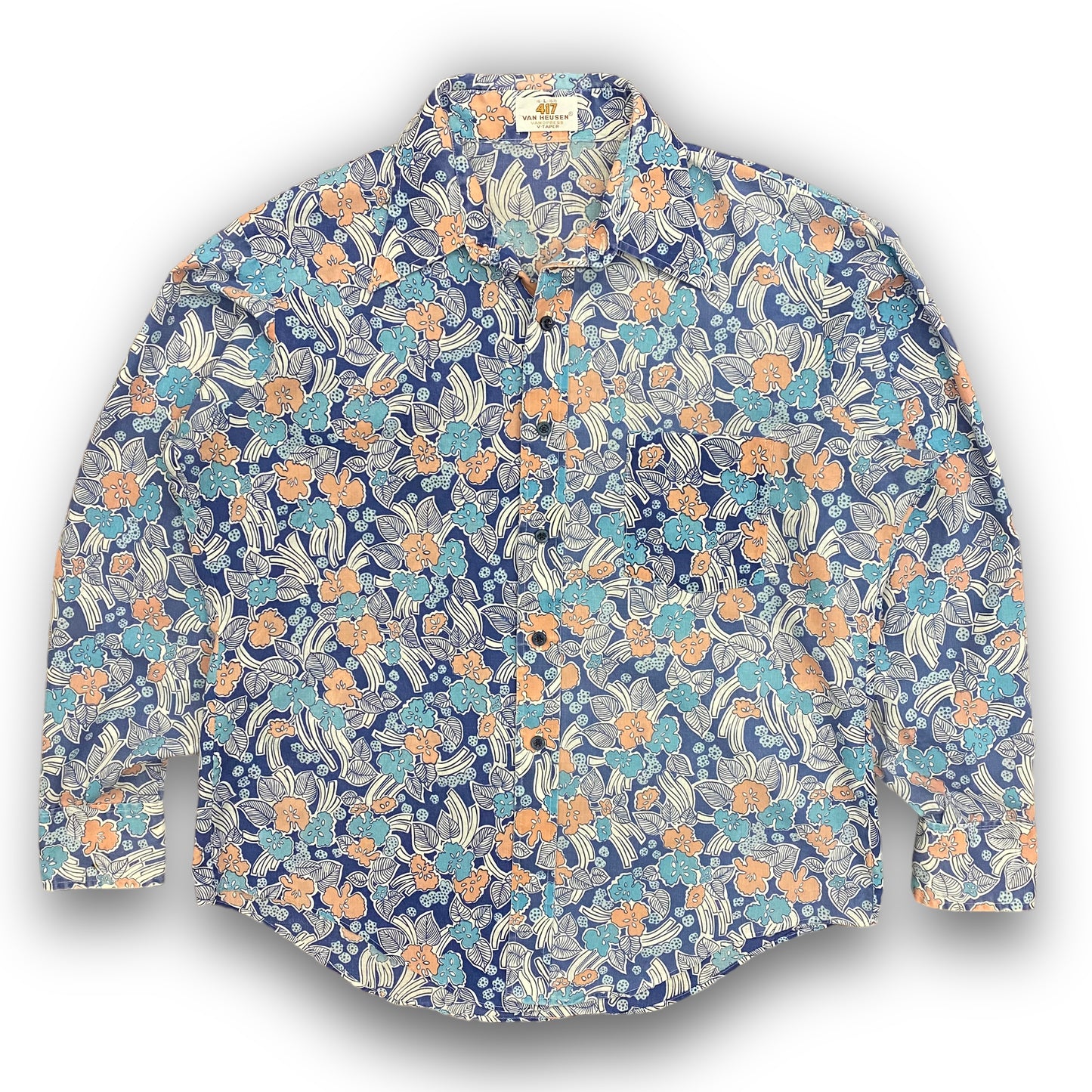 1980s Van Heusen AOP Blue Floral Dagger Collar Button Up - Size Large