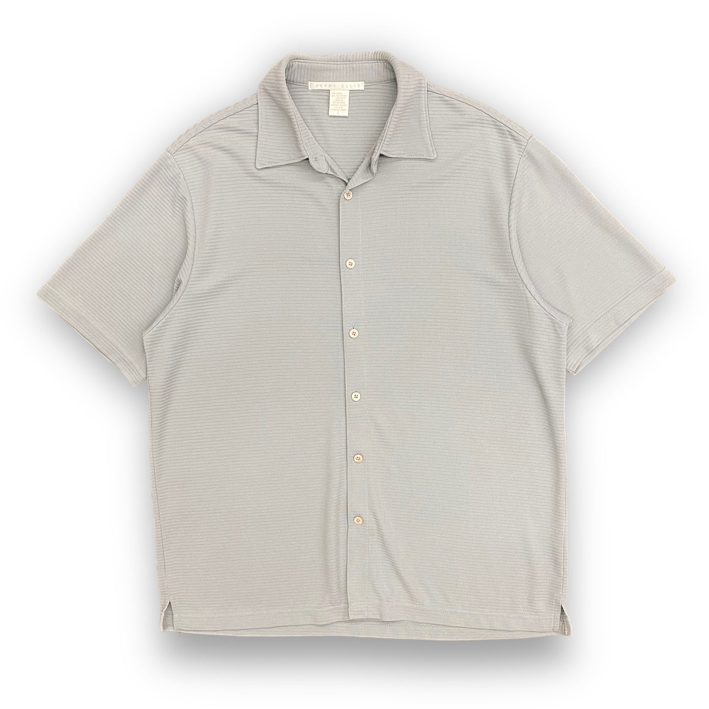 Vintage Perry Ellis Gray Ribbed Short Sleeve Button Up - Size Large