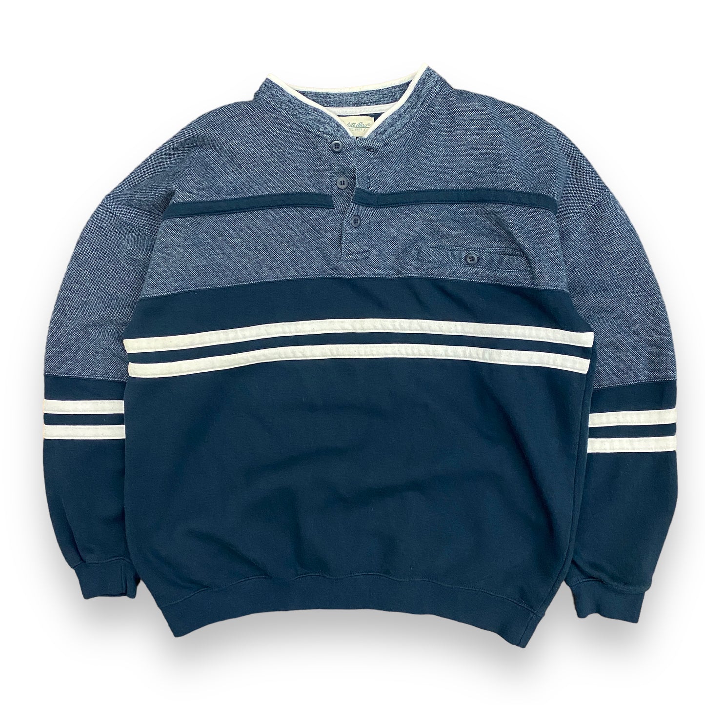 Vintage 90s Navy Blue Striped Henley Sweatshirt - Size Large