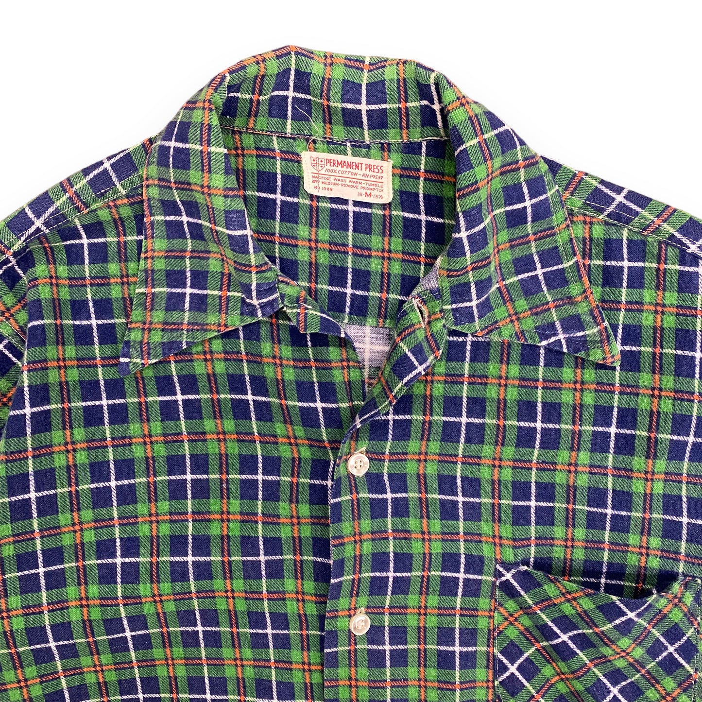 Vintage 1970s Permanent Press Green & Blue Flannel - Size Medium