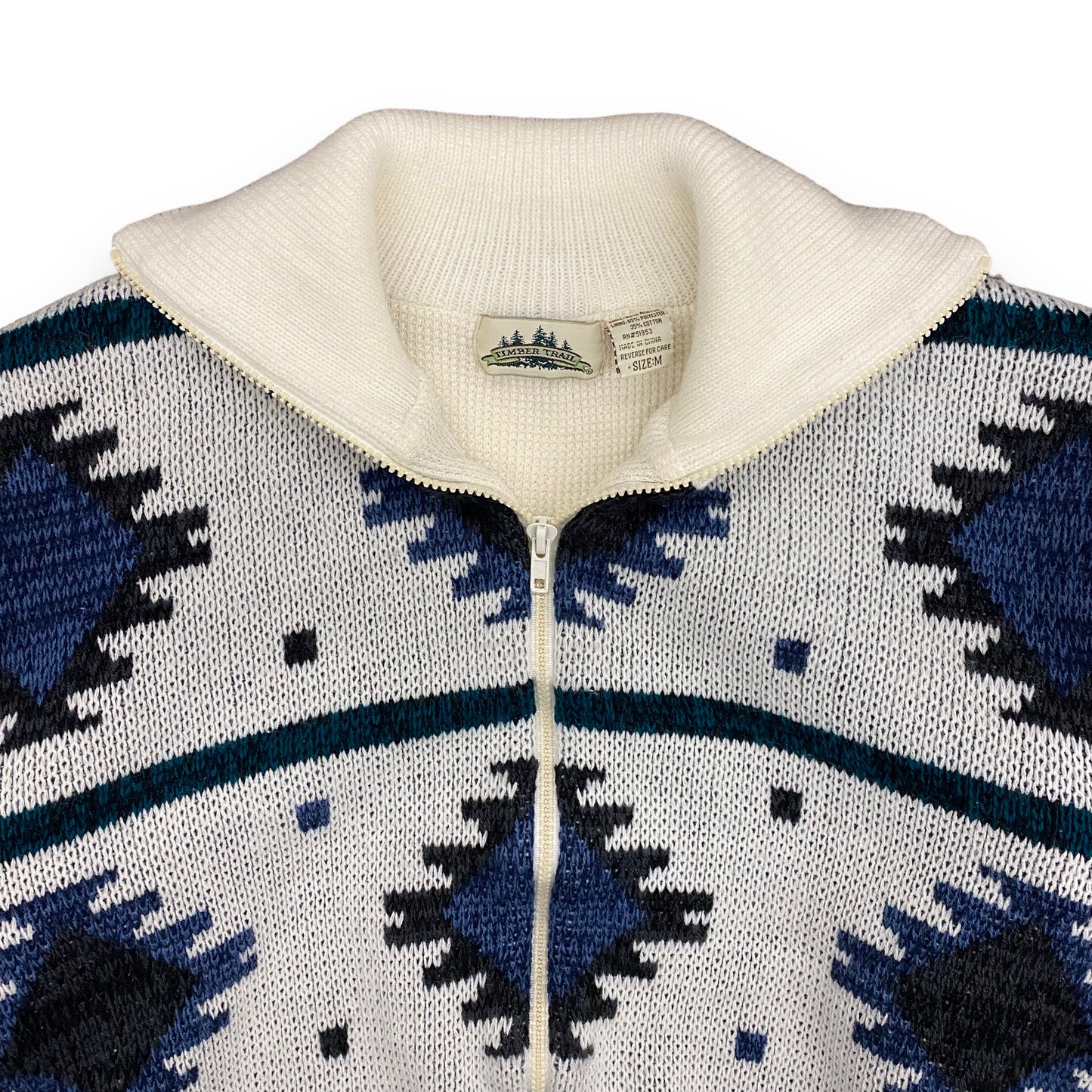 Vintage 1990s Southwestern Knit Zip Up Waffle Lined Sweater - Size Medium