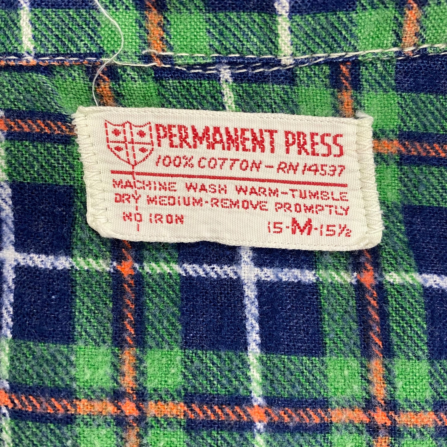 Vintage 1970s Permanent Press Green & Blue Flannel - Size Medium