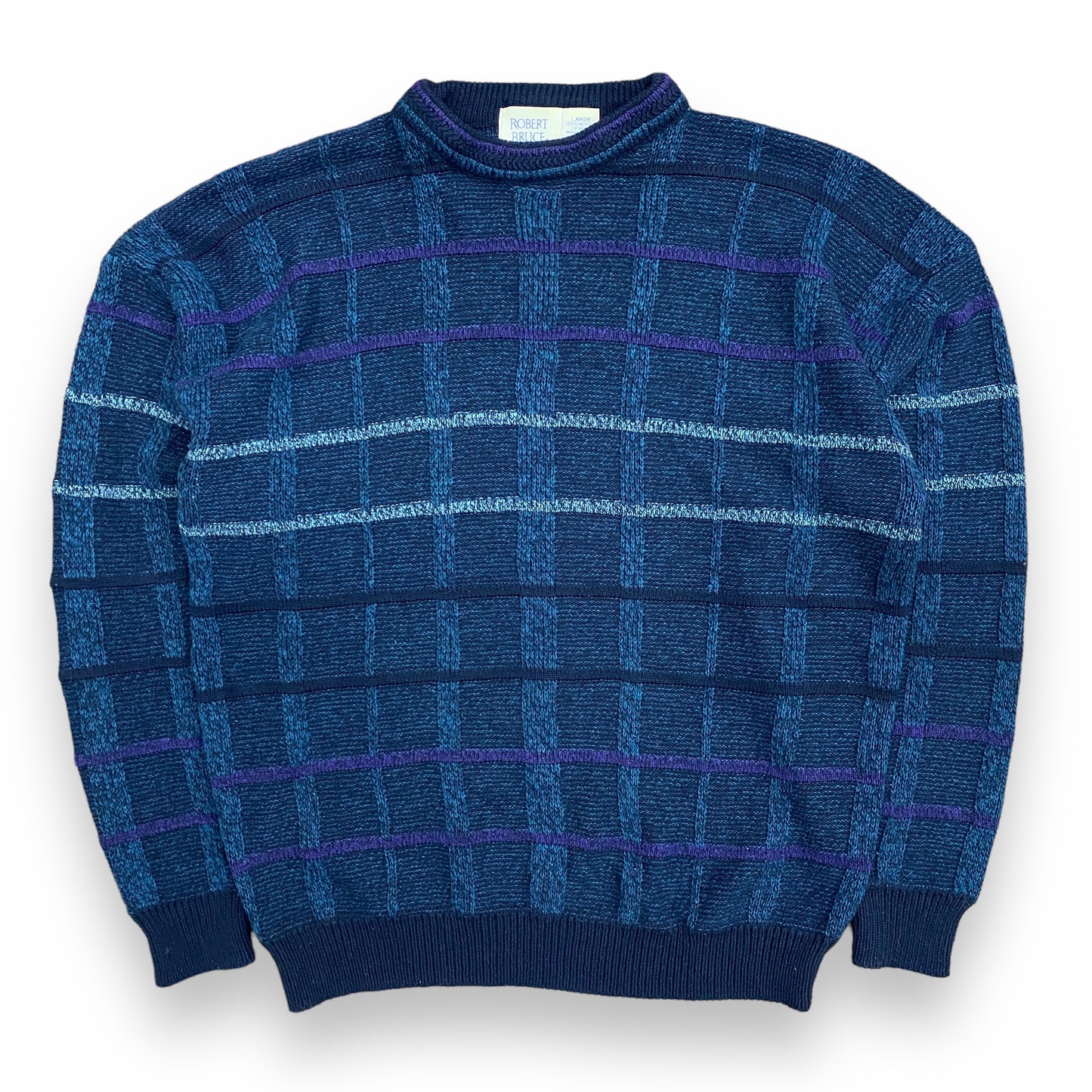 Vintage 90s Robert Bruce Navy Blue & Purple Checkered Sweater - Size Large