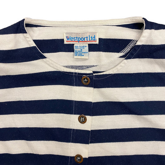 1980s Navy & White Striped Cropped Button Up Tee - Size Small