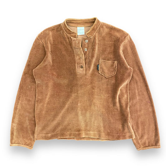 1970s/1980s Brown Velour Henley Shirt - Size Large (Fits Medium)