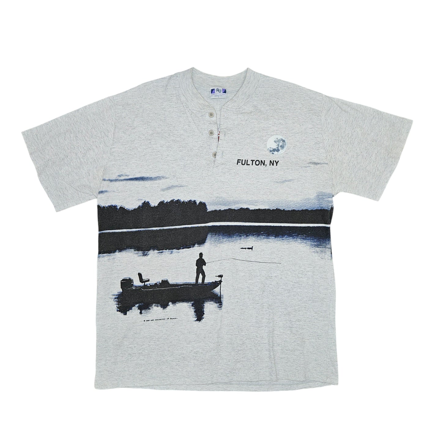 Vintage 1990s Fulton NY Wrap Around Print Fishing Tee - Size Large