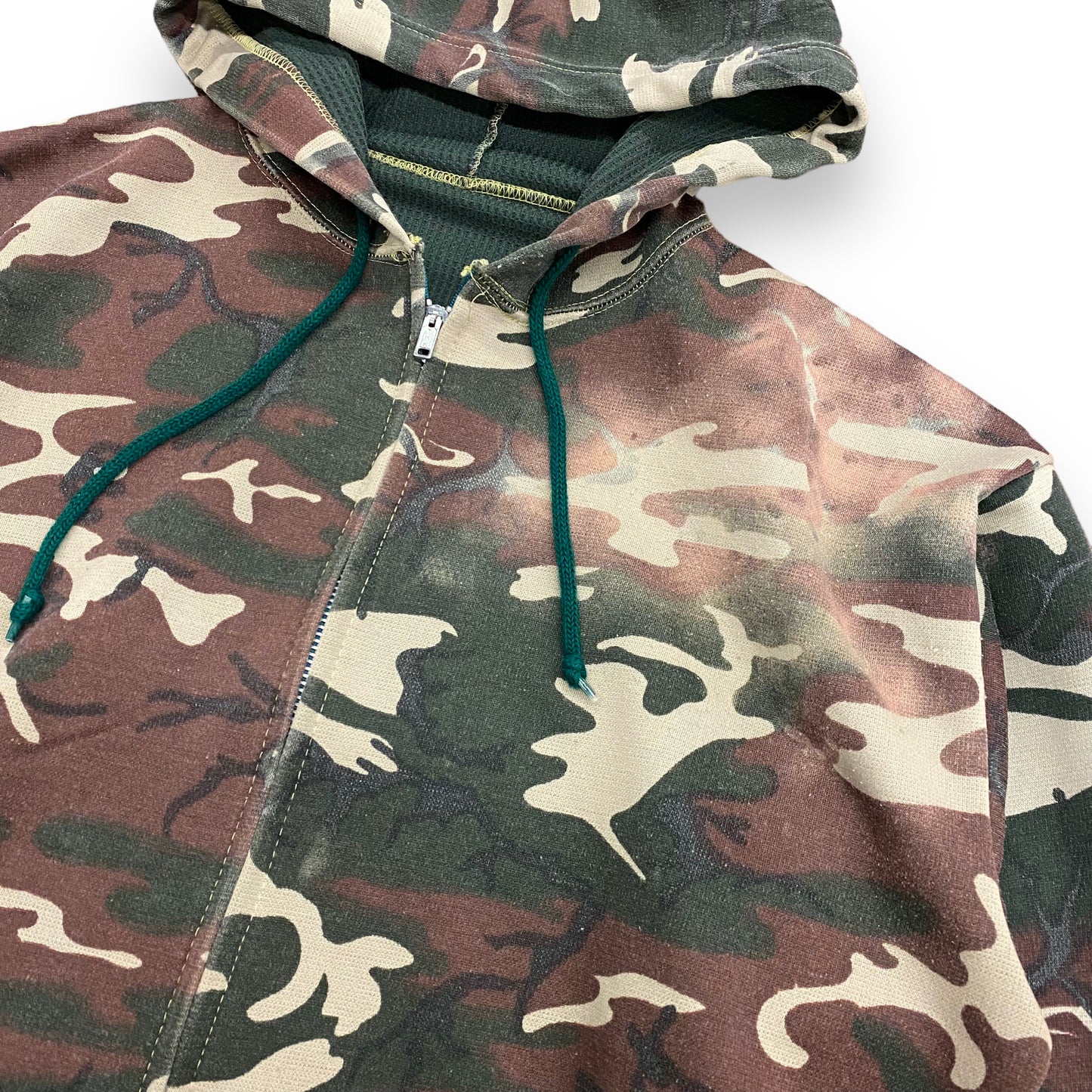 Vintage 1980s Handmade Thrashed Camouflage Thermal Lined Zip Up Hoodie - Size Large