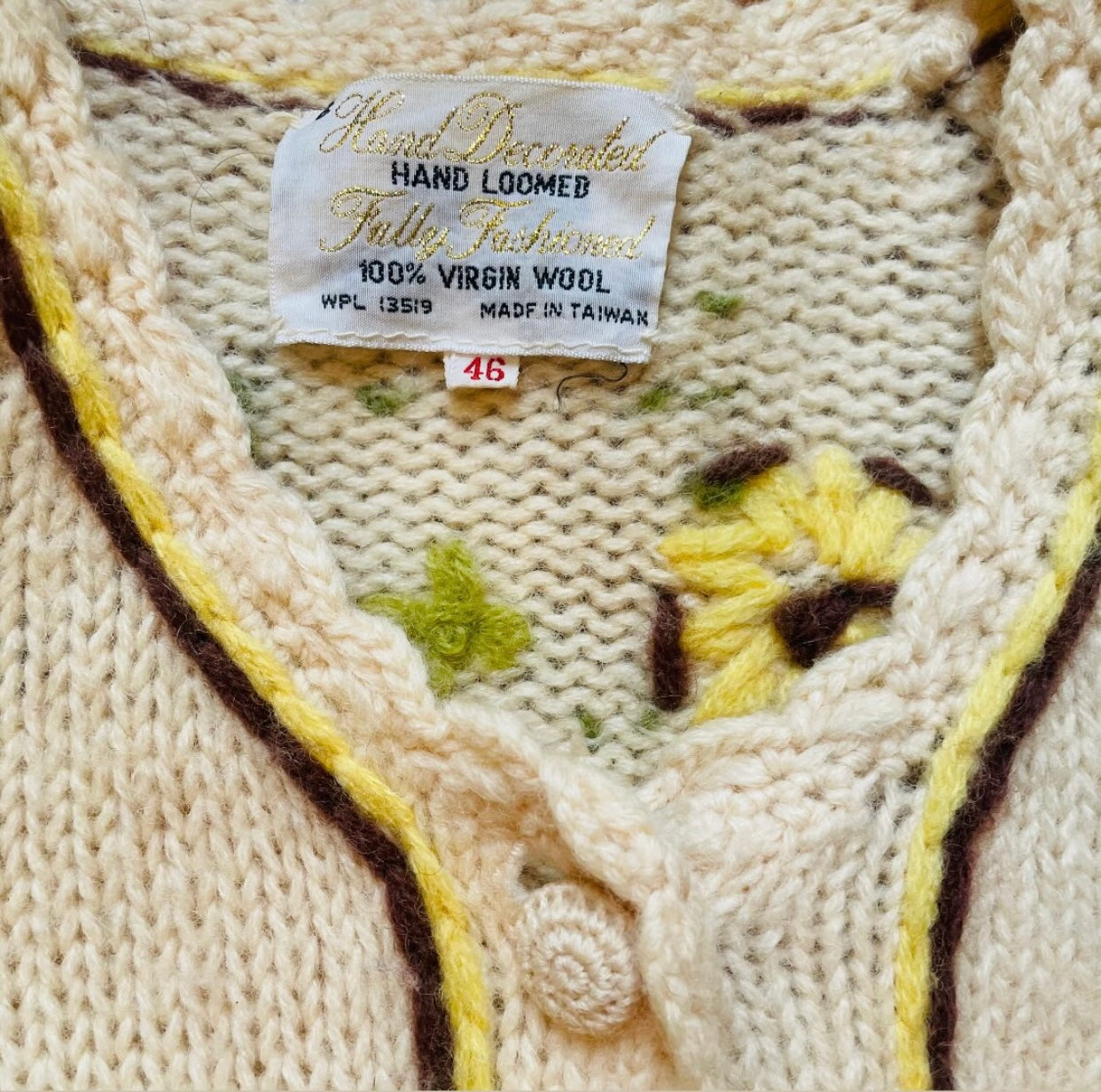 1960s Pure Wool Yellow & Green Floral Cardigan Sweater