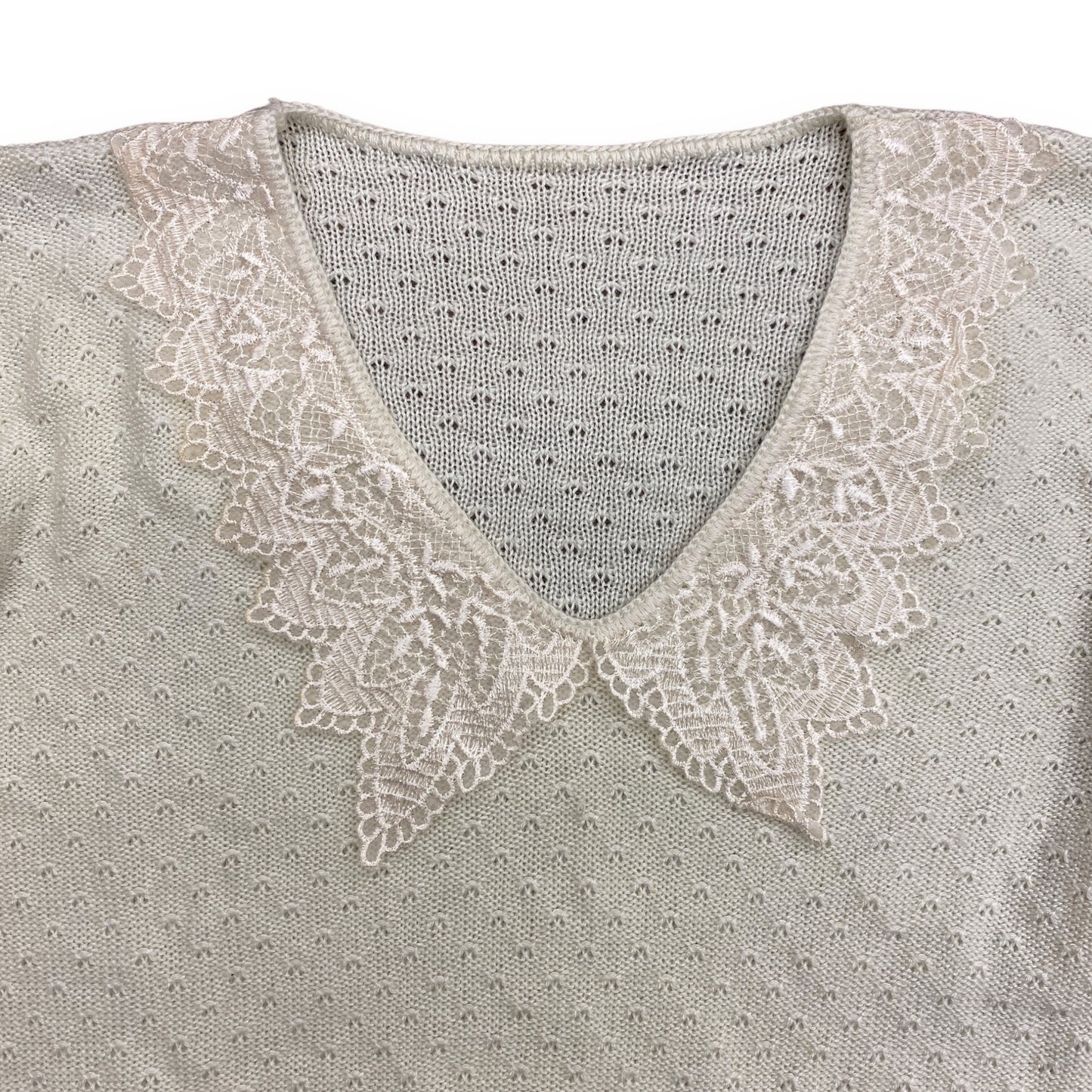 1980s Lace Collar Knit Short Sleeve Sweater - Size Large