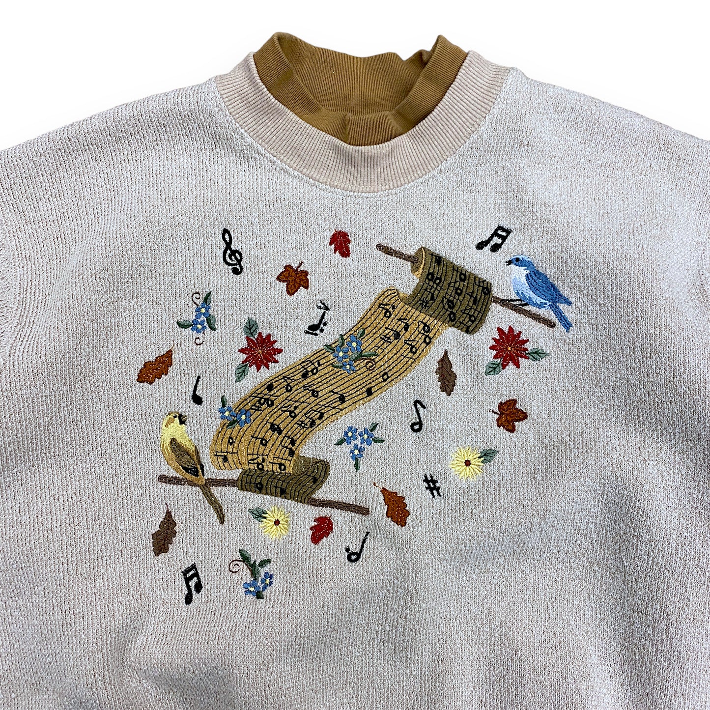 90s "Song Birds" Tan Double Collar Sweatshirt - Size Large