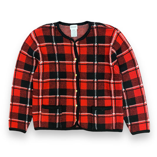 1990s Red & Black Plaid Knit Cardigan by Liz Baker - Size Medium