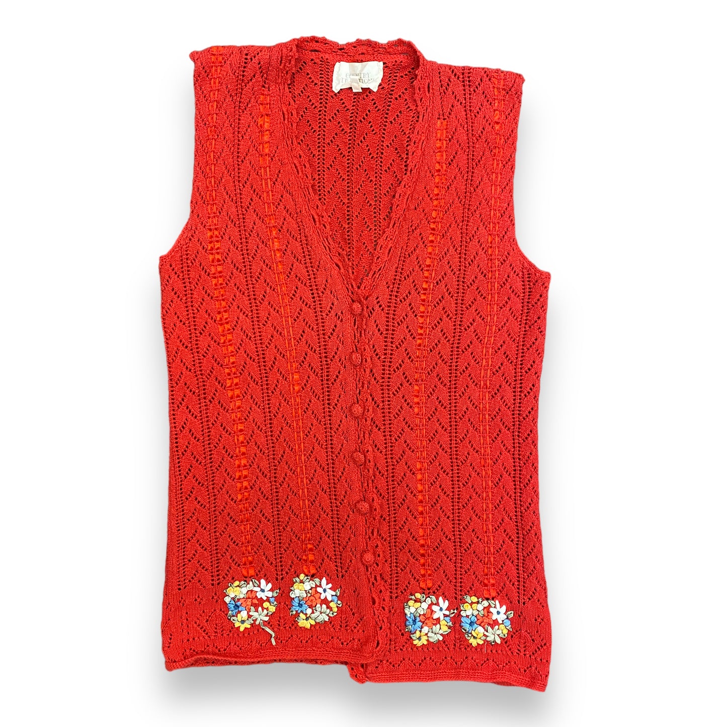 1980s Cotton Crochet Vest with Ribbon Flowers - Size Medium
