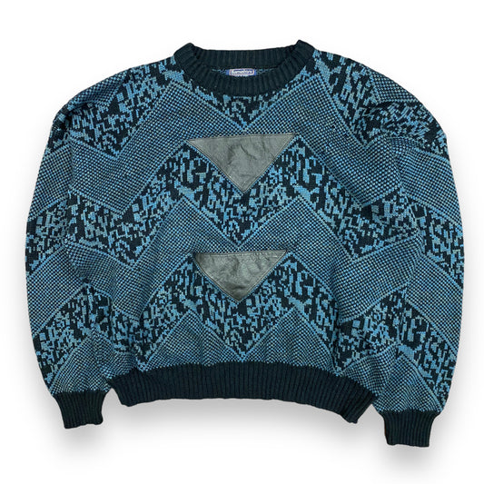 1990s Black & Blue Leather Patch Sweater - Size XXXL (Fits Boxy XL)