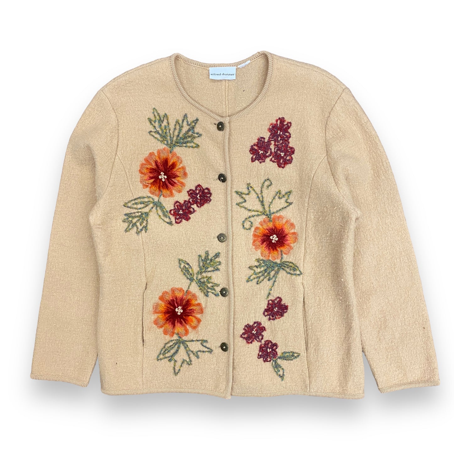 Vintage Floral Embroidered Tan Wool Sweater - Size Medium