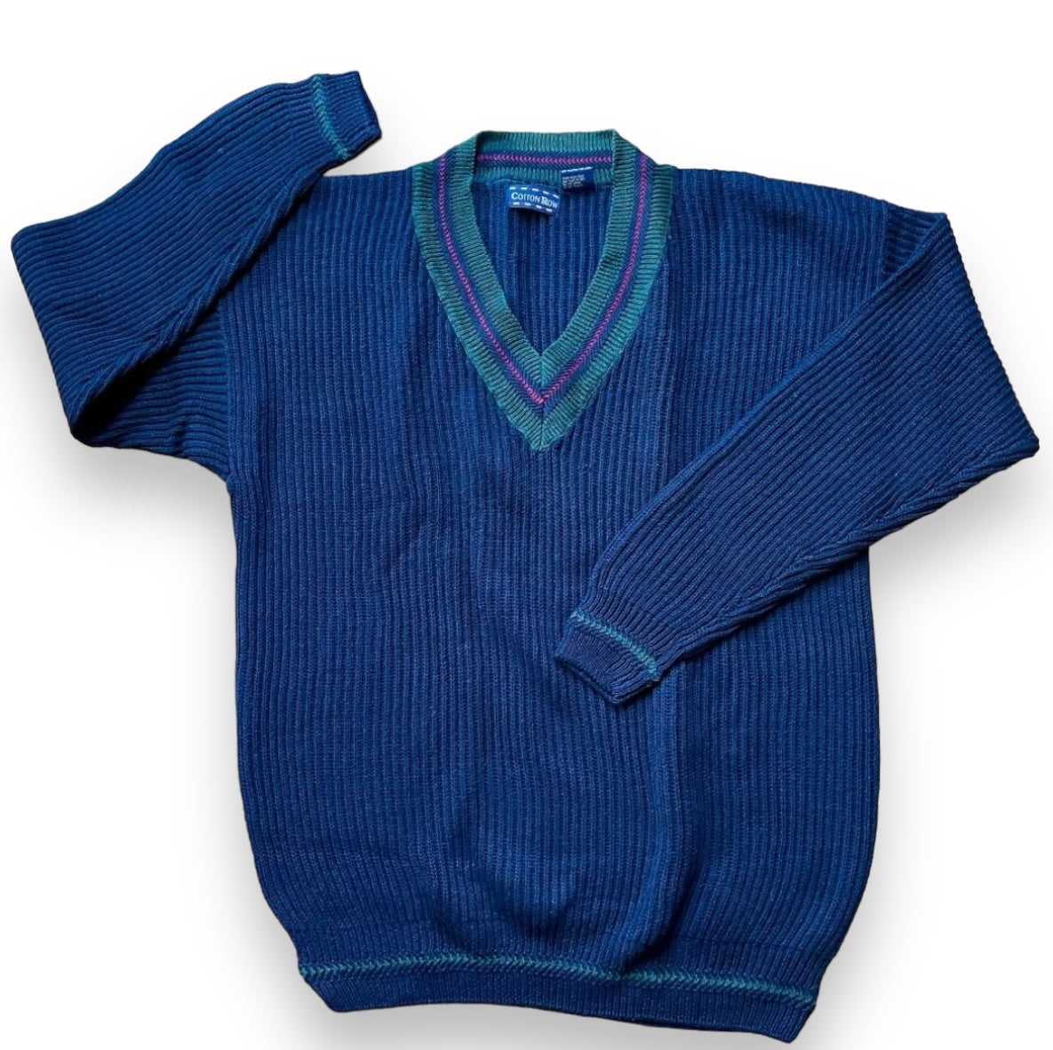 1990s Deep V-Neck Cotton Ramie Blend Sweater - Size XXL