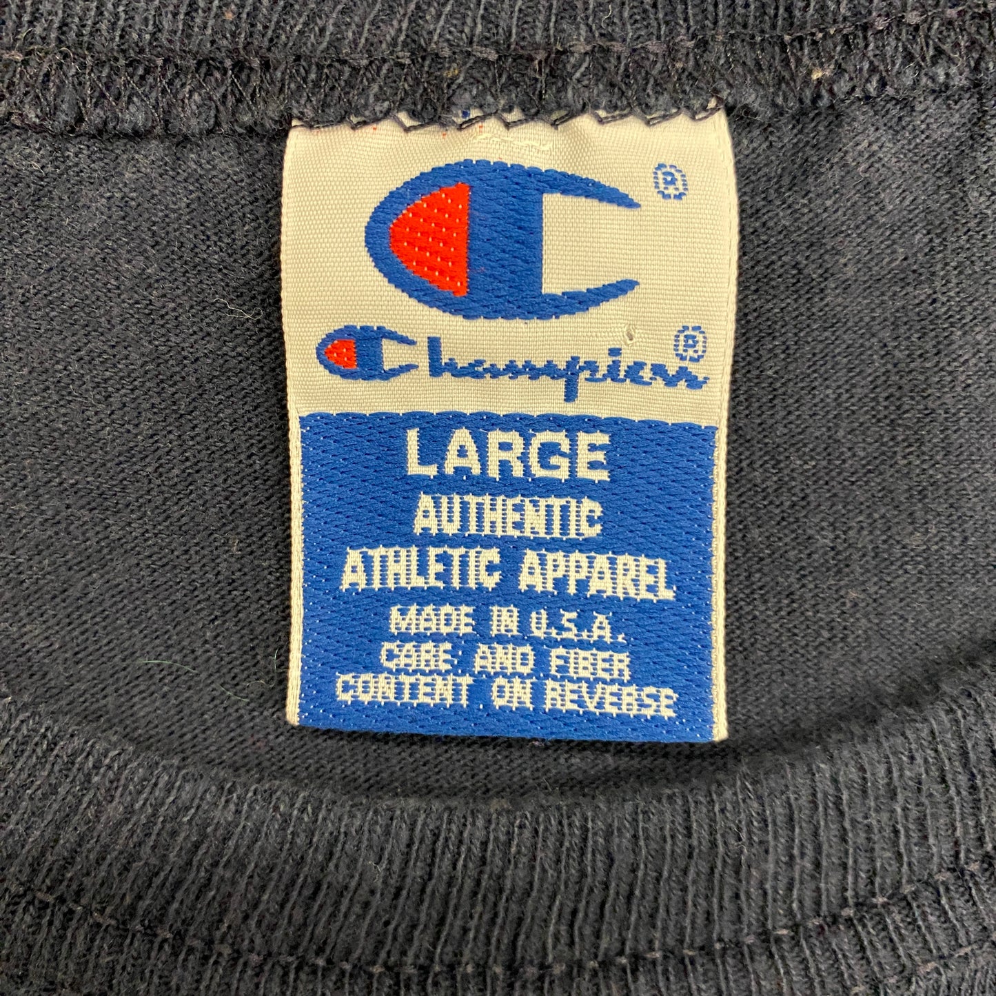 1990s Champion Navy Single Stitch Logo Tee - Size Large