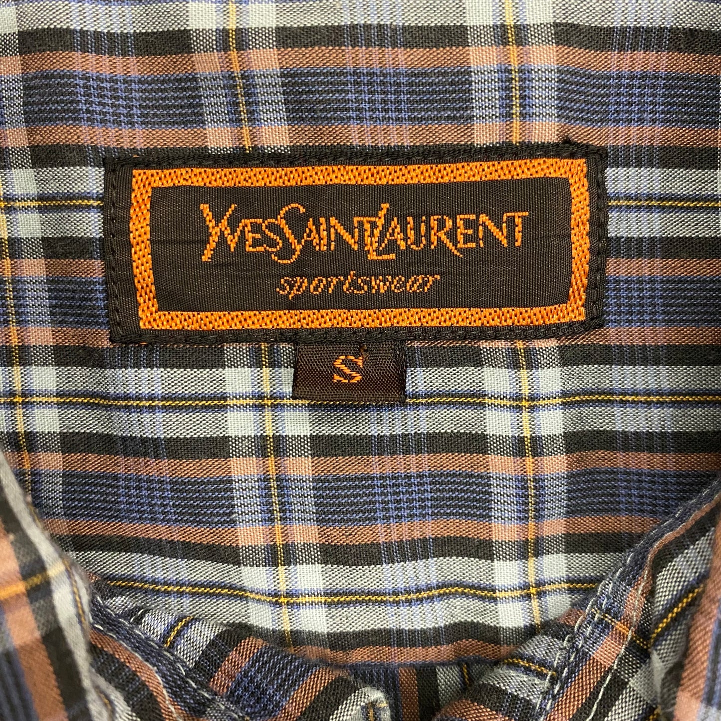 1980s Yves Saint Laurent Dark Blue & Orange Plaid Shirt - Size Small