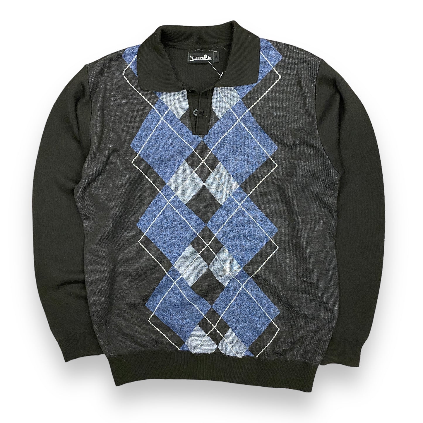 Vintage Black & Blue Argyle Collared Sweater - Size Large