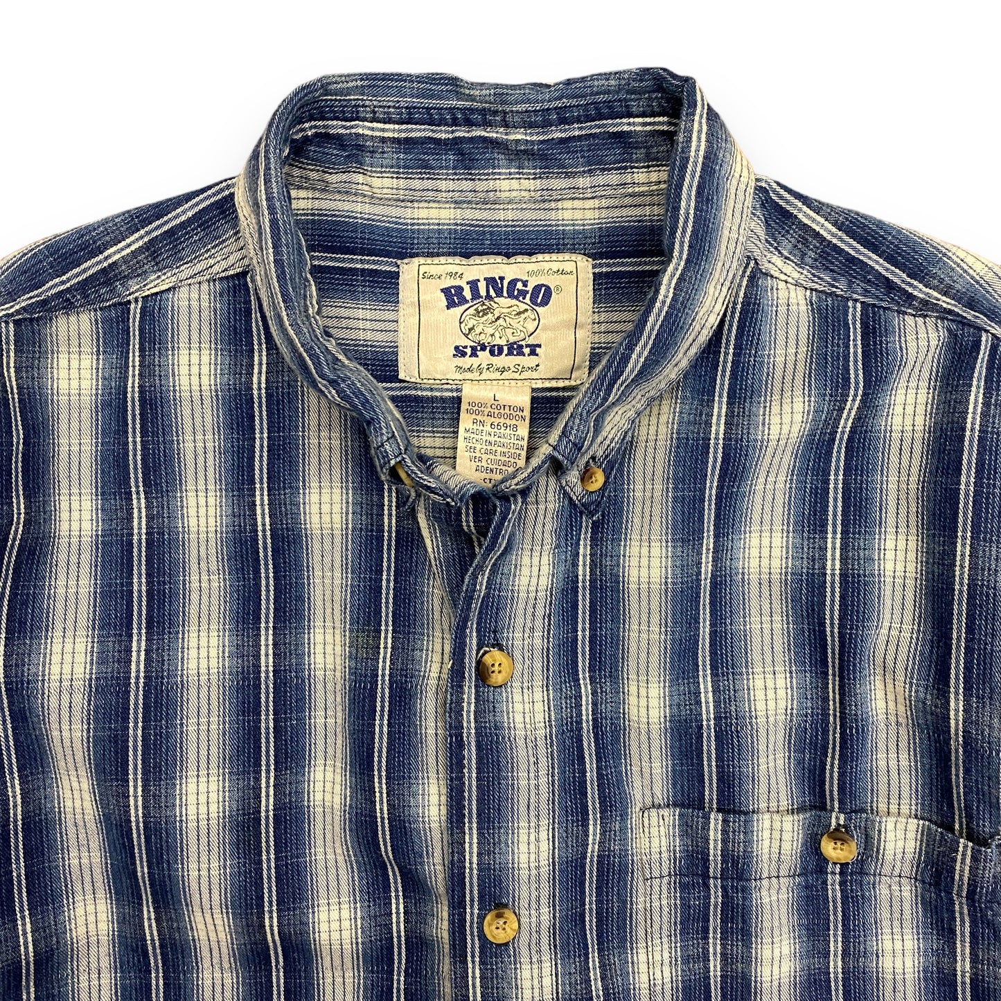 Vintage Ringo Sport Blue Plaid Cotton Button Down Shirt - Size Large