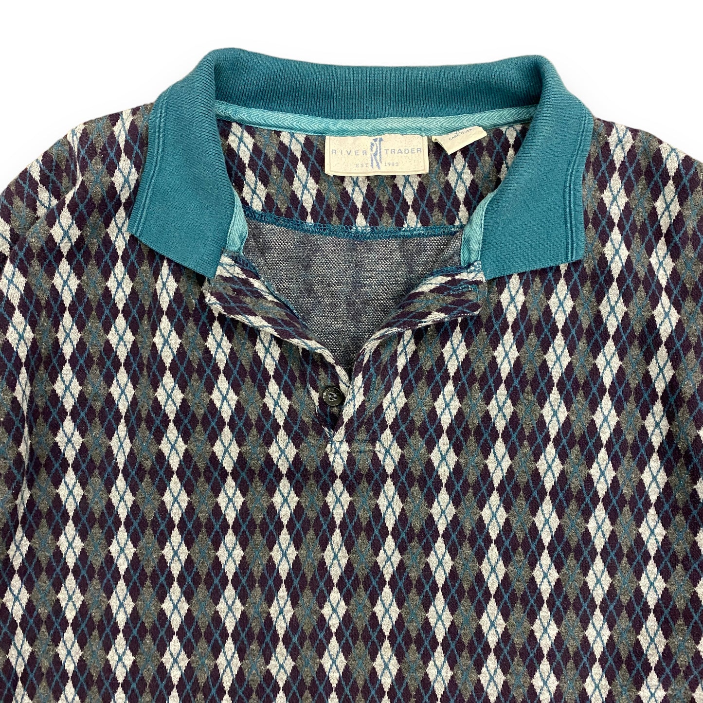 1990s Argyle Weave Long Sleeve Polo Shirt - Size XL