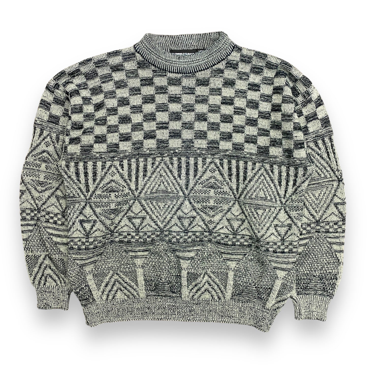Vintage 1990s Black & Gray Geometric Knit Sweater - Size Large