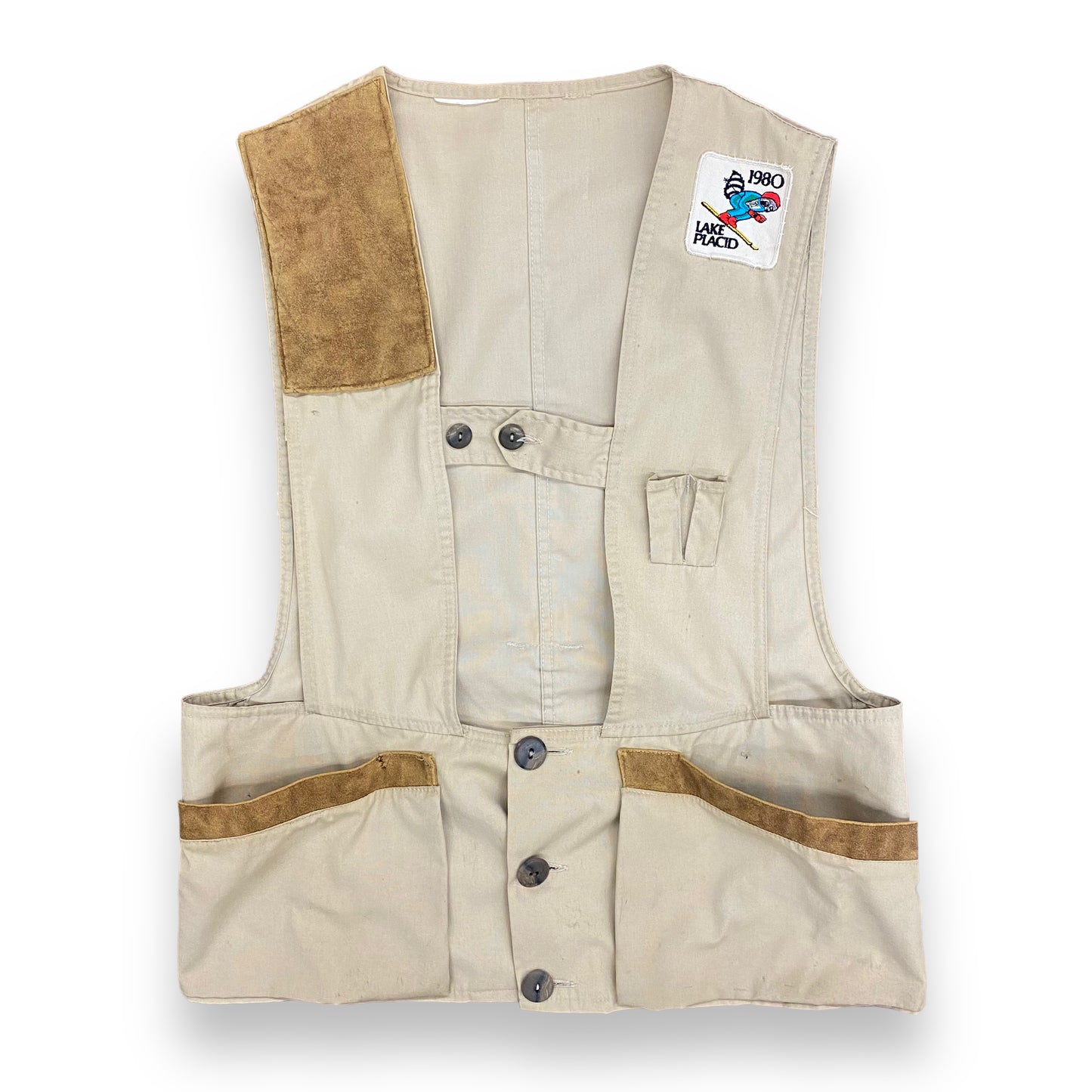Vintage 1970s Tan Fishing Vest with "1980 Lake Placid" Olympic Patch - Size Medium