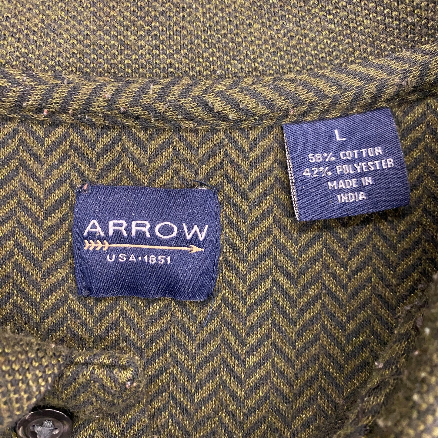 90s Arrow Sportswear Green Herringbone Long Sleeve Polo - Size Large