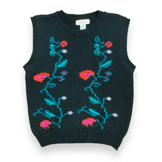 1980s Black Floral Sweater Vest - Size Medium