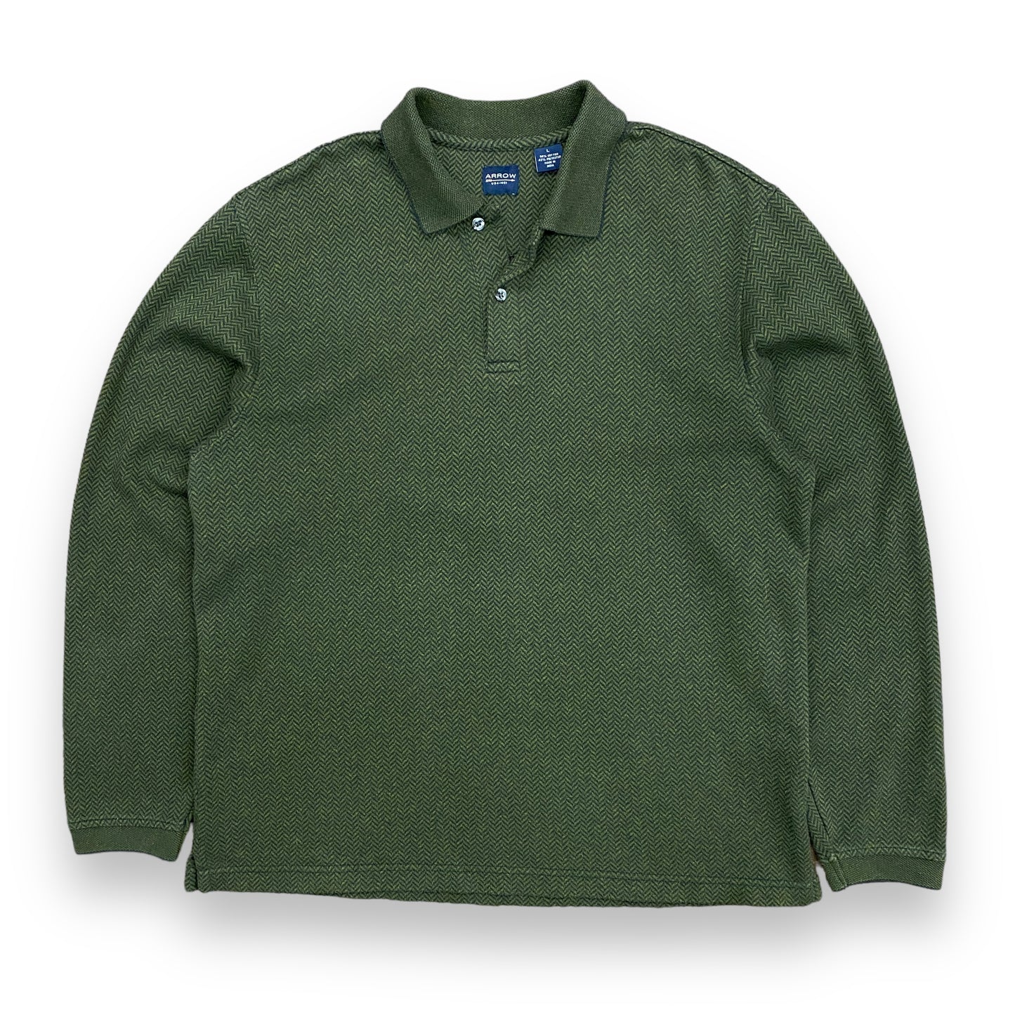 90s Arrow Sportswear Green Herringbone Long Sleeve Polo - Size Large