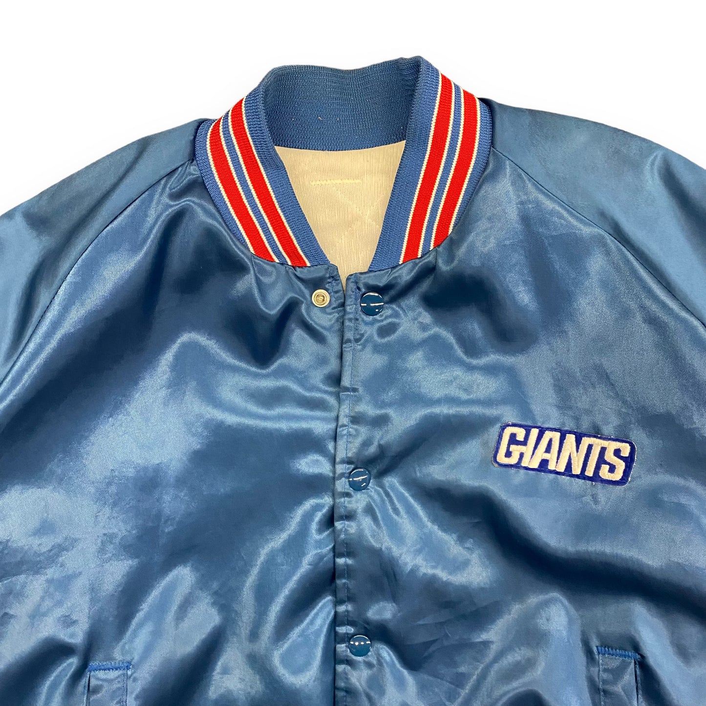 1980s New York Giants Blue Satin Bomber Jacket - Size Large/XL