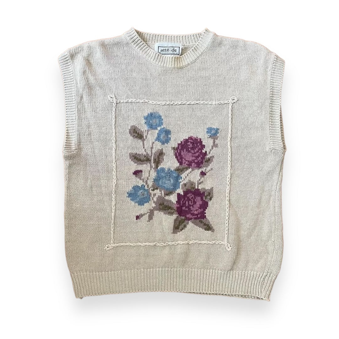 Vintage 1980s Floral Knit Sweater Top - Size Medium