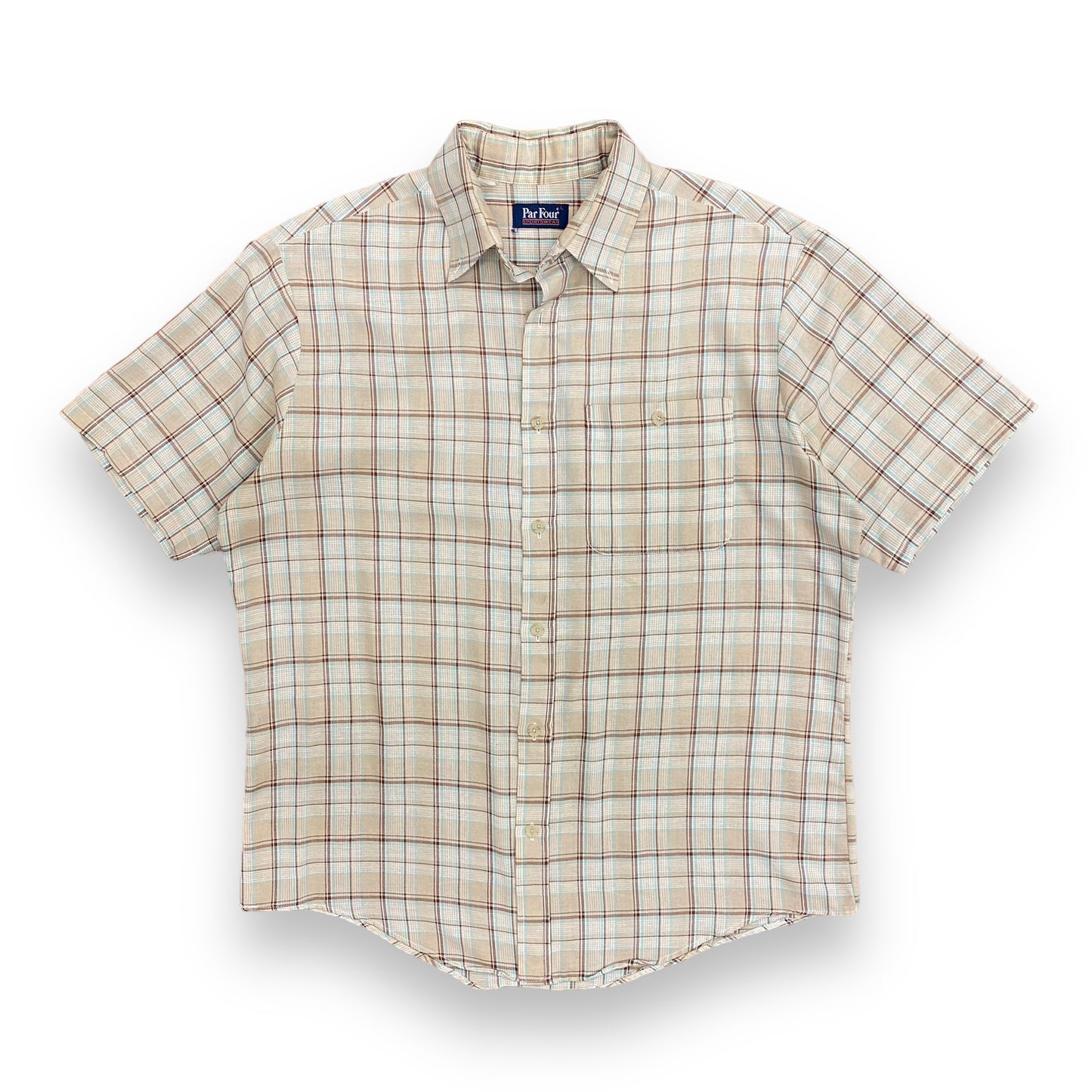 1980s Par Four Sportswear Tan Plaid Button Up Shirt - Size Large